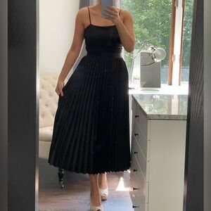 New! Max Studio Black Midi Elegant Dress with Thin Straps & Pleated Skirt Size M